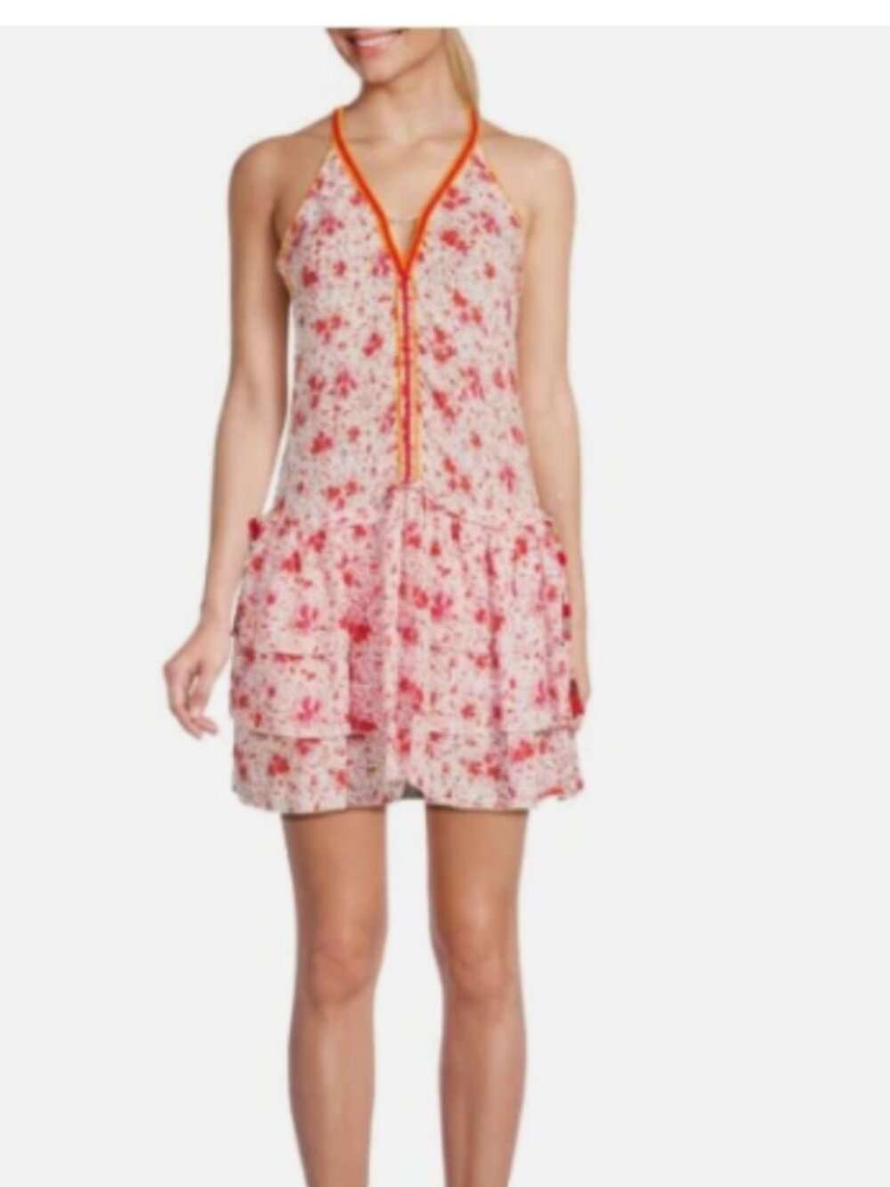 NWT Poupette St Barth 'Bety V' Ruffle-Trim Mini Dress White pink Red XS